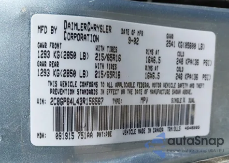 2003 Chrysler Town & Country Limited из США, поврежденный, VIN 2C8GP64L43R156567